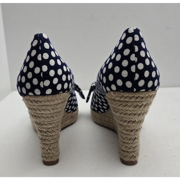 Tory Burch Dory Navy/White Polka Dot Wedge Espadrille Women's Bow Peep Toe Sz 9 - Picture 8 of 10